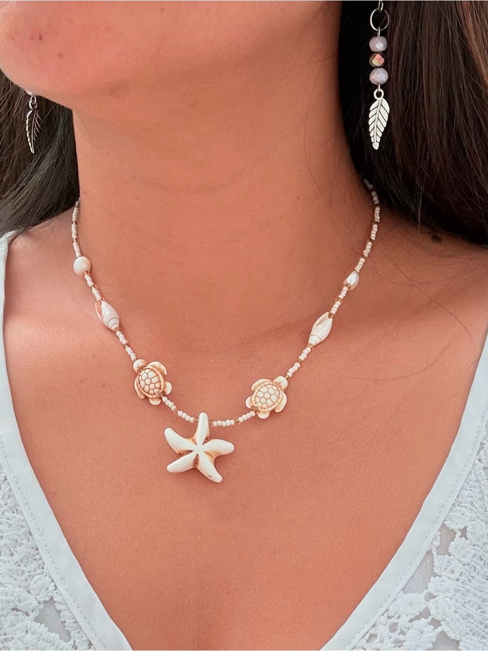 Shell & Starfish Pendant Necklace in White - Women Jewelry